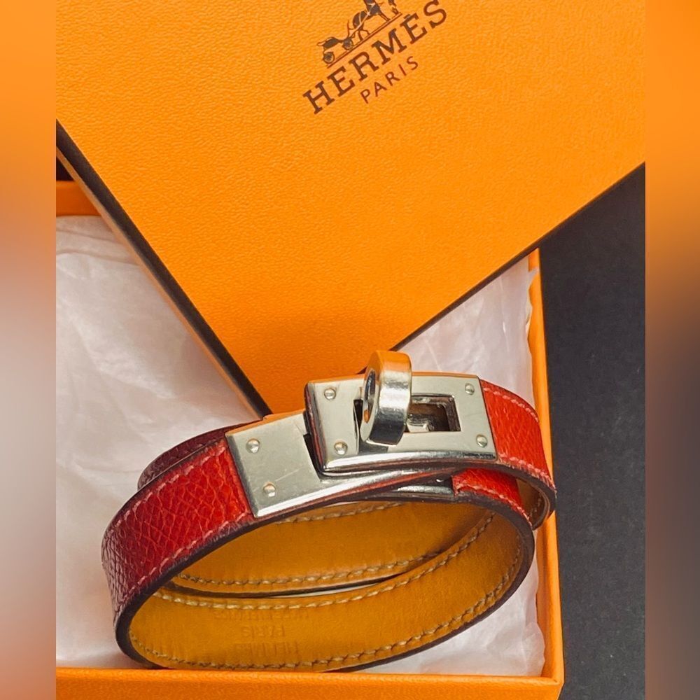 🛍️Hermes Authentic Red Leather Kelly Double Tour Bracelet with Silver Hardware